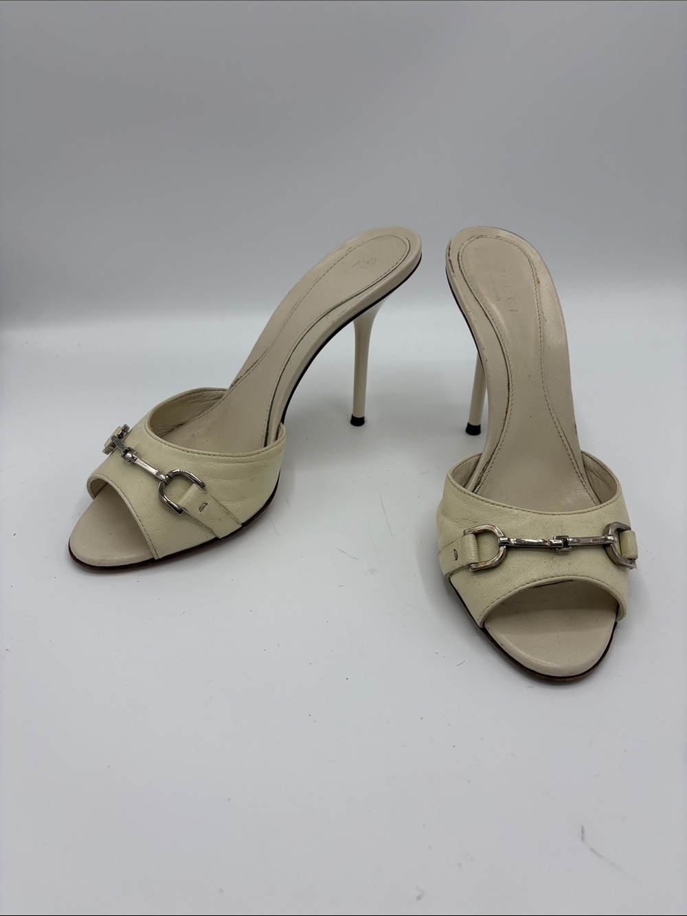 Gucci Cream Open-Toe Stiletto Mule with Silver Bit Detail - Size 36